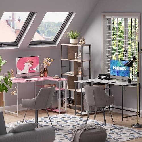 Pamray 43 Inch L Shaped Computer Desk with Reversible Side Storage Shelves, Small Corner Desk for Small Space Home Office,Writing Study Table PC Desk for Bedroom,Pink with White Leg thumbnail 6