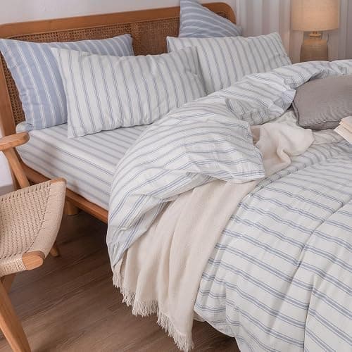 BESTOUCH Duvet Cover Set 100% Washed Cotton Linen Feel Super Soft Comfortable Chic Lightweight 3 PCs Home Bedding Set White & Cornflower Blue Stripes Queen thumbnail 5