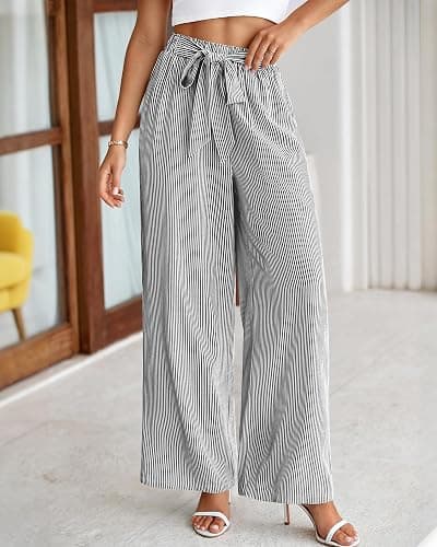 BTFBM Pants for Women 2026 Spring Clothes Striped High Waist Tie Knot Dressy Casual Wide Leg Palazzo Work Trousers Pants thumbnail 2
