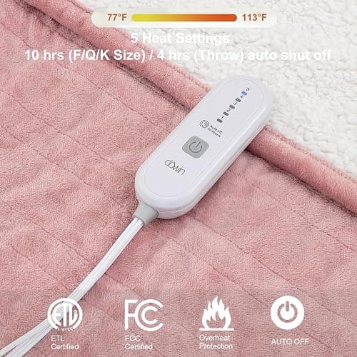 Dowin Pink Heated Blanket Electric Throw Fleece Flannel Heating Warming Blankets with Auto Shut Off for Couch Office Chair Bed Adults Fuzzy Cozy Machine Washable 50x60 thumbnail 5
