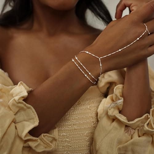 CHESKY Silver Hand Chain Bracelets for Women Set - Dainty Silver Plated Finger Ring Bracelet Stack Adjustable Hand Chains Durable Beaded Bracelets Trendy Simple Jewelry Gift for Women thumbnail 3