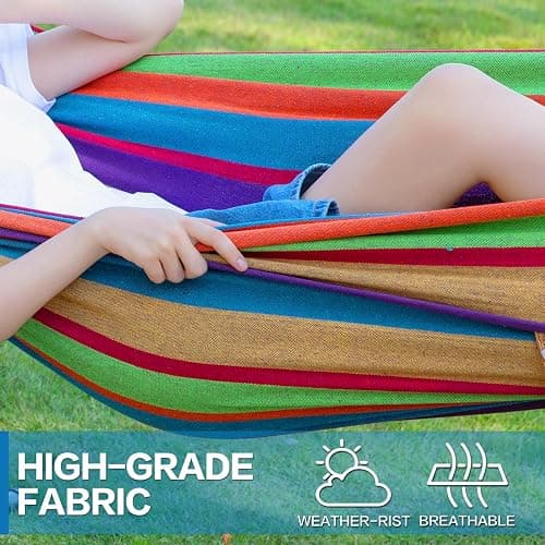 PNAEUT Double Hammocks with Stand for Outside, Portable Space Saving Heavy-Duty Steel Stand for Indoor Outdoor Patio, 450 lbs Capacity (Tropical) thumbnail 7