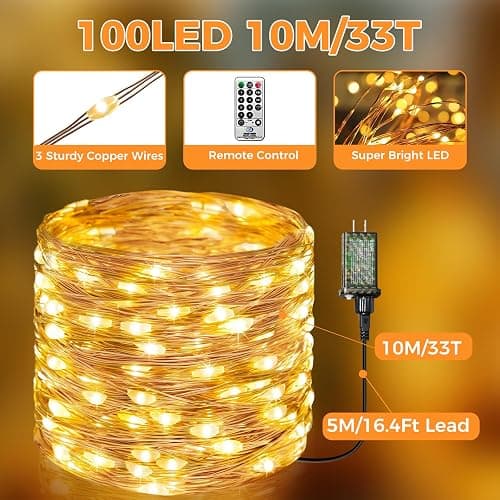 btfarm Fairy Lights Plug in with Remote, 33FT 100 LED Outdoor Twinkle Lights Waterproof with Timer, 8 Modes Indoor String Lights for Bedroom Patio Garden Wedding Christmas Decoration, Warm White thumbnail 6