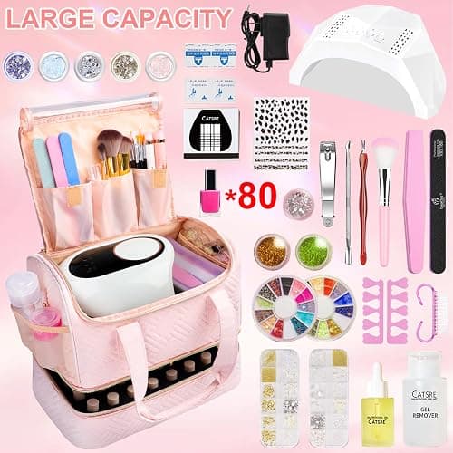 Veirdro Nail Polish Organizer Bag Holds 80 Bottles (15ml/0.5fl.oz)& Nail Lamp, Soft Velvet Nail Kit Storage Carrying Case with Shoulder Strap, Double Layer Nail Supplies Organizer Handbag Women (Pink) thumbnail 8