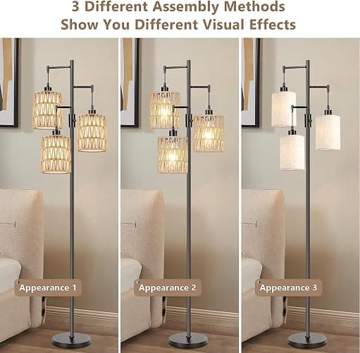 ZECOXOL Boho Floor Lamp for Living Room Bedroom-3 Light Dimmable Floor Lamp with Three Led Bulb, Rustic Tall Lamp Black Standing Lamp Tree Floor Lamps for Living Room Bedroom,Office,Corner thumbnail 4