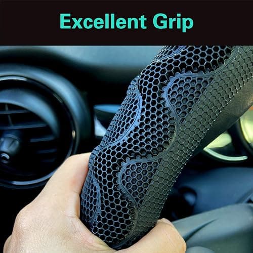 PINCTROT Steering Wheel Cover Great Grip with 3D Honeycomb Anti-Slip Design, Universal 14.5-15 Inch (Black/Red Stitch) thumbnail 4