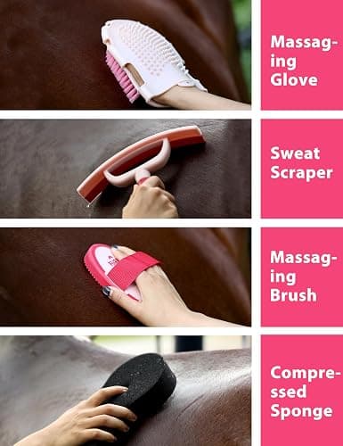 Furrishine 11PCS Horse Grooming Kit Curry Comb Sweat Scraper Horse Bathing Supplies Grooming Tools with Storage Bag Pink Garnet thumbnail 4