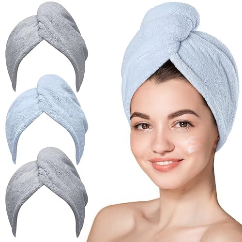 Hicober Microfiber Hair Towel, 3 Packs Hair Turbans for Wet Hair, Drying Hair Wrap Towels for Curly Hair Women Anti Frizz (Grey,Blue,Grey) - Image 1
