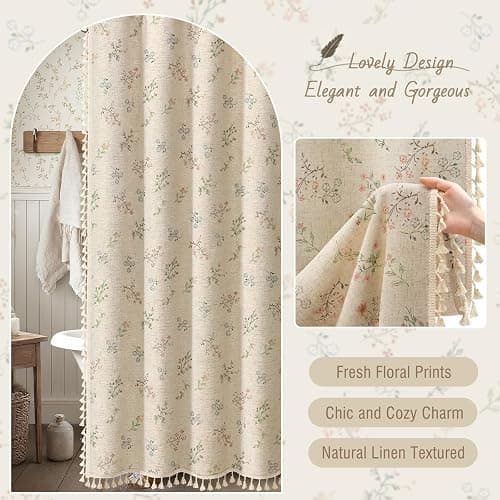 XOGUIBO Floral Vintage Linen Shower Curtain, French Country Shower Curtains for Bathroom with Tassels, 72Wx90H thumbnail 7