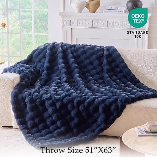 BENVWE Fluffy Faux Fur Throw Blanket for Couch, Soft Plush Thick Cozy Fuzzy Luxury Minky Bubble Blanket for Home Living Room Decor Gift for Women, Navy Blue, 51" x 63", 1100GSM thumbnail 2