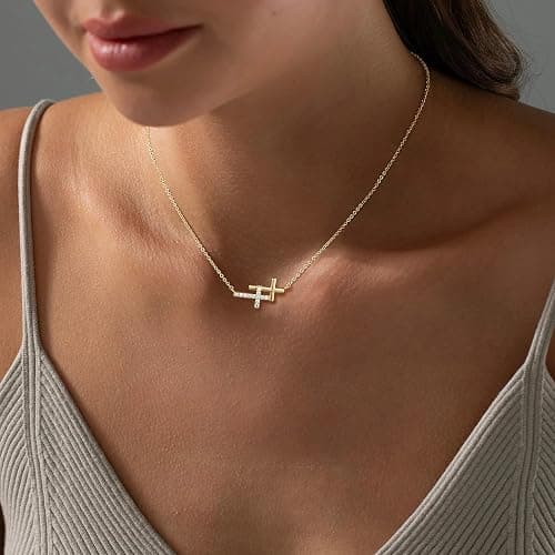 Bykuvo Cross Necklace For Women,14K Gold Plated Small Dainty Colorful Beaded Cubic Zirconia Diamond Double Layered Cross Pendant Choker Necklaces For Women,Christian Easter Religious Jewelry Gifts thumbnail 3