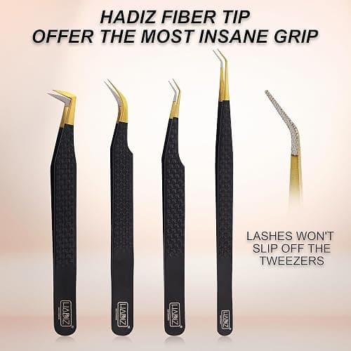 HADIZ Set of 4 Fiber Tip Diamond Grip Eyelash Extensions Tweezers Japanese Stainless Steel Lash Tweezer(Black) thumbnail 3