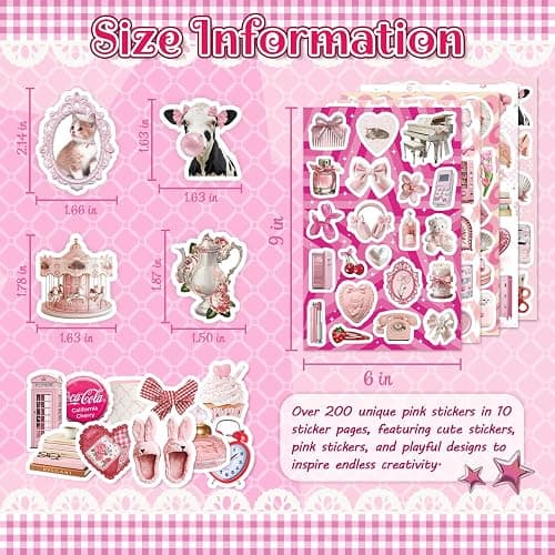 200PCS Pink Coquette Stickers for Girls, Cute Aesthetic Vinyl Stickers for Scrapbooking, Laptop, Phone, Guitar & Water Bottles thumbnail 2