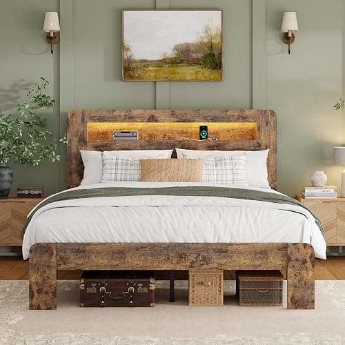 PAUKIN Full Size Wooden Bed Frame with Storage Headboard, Platform Bed Frame with Charging Station and LED Lights, Sturdy Slats, No Box Spring Required, Silent Operation, Easy to Assemble, Brown thumbnail 3