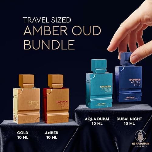 Al Haramain Amber Oud Eau de Parfum 4PC 10ML Each Mini Perfume Set for Women & Men – Cologne Gift Set, Unisex Arabian Perfume Sampler with Gold & Ruby Edition, Dubai Night and Aqua Dubai Fragrances thumbnail 2