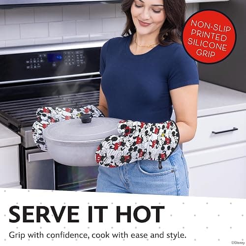 Disney Silicone Oven Mitts Heat Resistant – Set of 2 Long Cuff Cotton Kitchen Mitts with Silicone Grip Stripes, Cute Oven Mitts & Pot Holders for Cooking, Baking & Kitchen Essentials- Mickey thumbnail 3