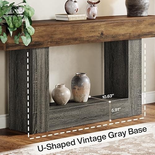 Tribesigns 63" Console Table, 2-Tier Entryway Table with U-Shaped Base | Narrow Long Sofa Table Behind Couch Table for Living Room, Hallway, Vintage Brown & Gray thumbnail 7