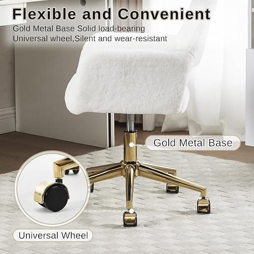 HENGJIANYI Faux Fur Swivel Desk Chair, Modern Fluffy Makeup Vanity Chair, Height Adjustable Armchair with Gold Base, Ergonomic Office Chair with Hollowed Back, White thumbnail 6