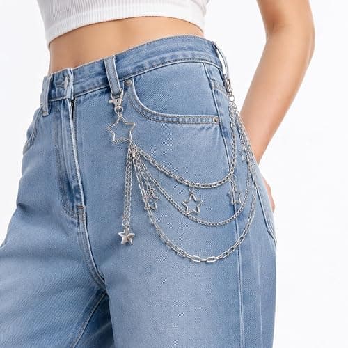 Gothic Silver-Tone Layered Star Pants Chain, Wallet Chain Punk Chains Cute Hip Hop Star Lock Charm Jeans Chains Goth Grunge Emo Punk Accessories for Women Men thumbnail 5