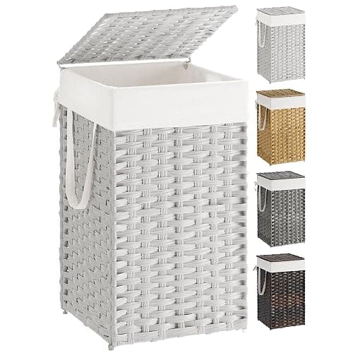 SONGMICS Laundry Hamper with Lid, 17.2 Gallon (65 L) Synthetic Rattan Clothes Laundry Basket with Lid and Handles, Foldable, Removable Liner, Cloud White ULCB165W01 - Image 1