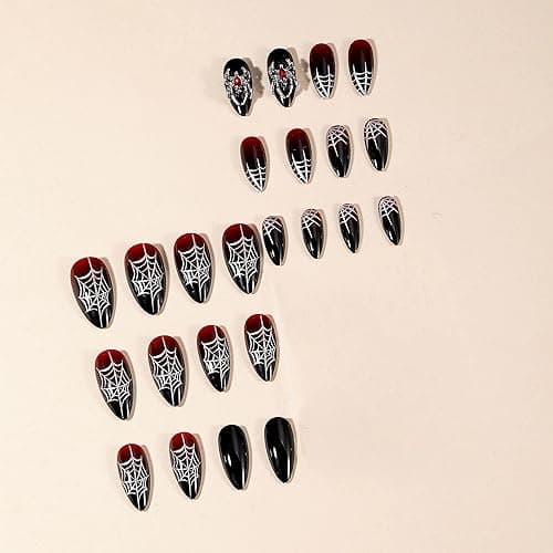 MERVF Almond Press on Nails Medium Fake Nails Red Black French Tip Ombre Glue ons 3D Spider Rhinestones Press ons Stiletto Acrylic False Nail with Web Design Glossy 24pcs thumbnail 3