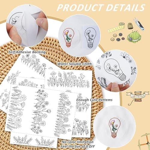 Water Soluble Stabilizer Embroidery Patterns - CRASHOT 4 Sheets Stick and Stitch Embroider Paper Wash Away, Flower Floral Daisy Butterfly Designs, Suprise for Hand Sewing Lover thumbnail 5