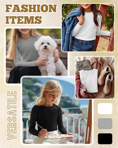 LessonZoo 3 Pack Girls Long Sleeve Shirts Ribbed Knit Cotton Layering Tops Slim Fit Crewneck Casual Undershirts thumbnail 4