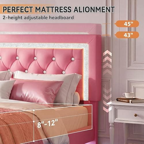 FreeHouse Floating Bed Frame Queen with LED Lights, Faux Leather Upholstered Bed Frame with Diamond Tufted Headboard, Solid Wood Slats, Noise Free, No Box Spring Needed, Easy Assembly,Pink thumbnail 6