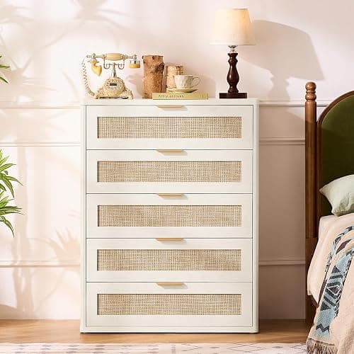LEYAOYAO Rattan Dresser for Bedroom 41" Tall Chest of Drawers, Modern 5 Drawers Boho Dressers with Storage, Light Oak Dresser Wooden Closet Organizer for Living Room, Hallway, Grey White thumbnail 5