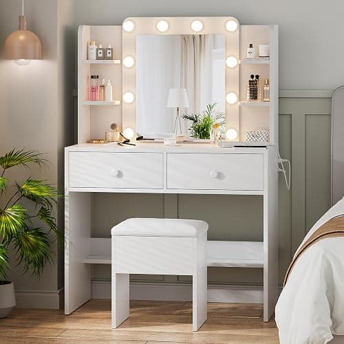 Haewon White Vanity Desk with Mirror and Lights, Makeup Vanity with 10 LED Bulbs and 3 Color Modes, Dressing Table Set with Power Outlets, Storage Drawers and Chair for Bedroom - Image 1