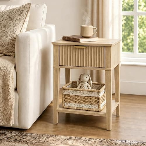 RIHHA Natural Oak 15.4" Wide Small Nightstand with Drawer,Open Shelf,Fluted | Light oak tone, ribbed fluted front, 11.8-inch slim depth, concealed storage, airy fit for bedside, sofa side, or chair side thumbnail 9