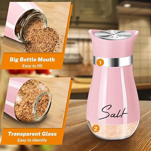 Salt and Pepper Shakers Set,4 oz Glass Bottom Salt Pepper Shaker with Stainless Steel Lid for Kitchen Cooking Table, RV, Camp,BBQ Refillable Design (Pink) thumbnail 4
