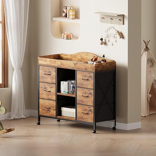 Yetom Changing Table, 6-Drawer Baby Dresser with Changing Table top,Waterproof Diaper Changing Station & Pad, 2 Height-Adjustable Open Storage Shelves, Mobile Nursery Organizer, Rustic Brown thumbnail 9