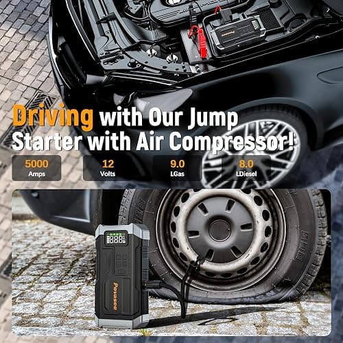 [2025NEW Model] 5000A Jump Starter with Air Compressor,Battery Jumper Starter Portable with 150PSI Tire Inflator 12V Jump Box with LCD Display,Flashlight,Storage Case (Up 9L Gas/8L Diesel Engine thumbnail 2