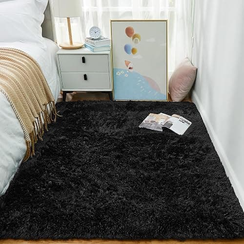 Ophanie Black Area Rugs for Bedroom Living Room, 4x6 Fluffy Fuzzy Shag Shaggy Carpet Soft Plush Furry Bedside Rug, Indoor Floor Rug for Kids Girls Boys Home Decor Aesthetic, Dorm Nursery thumbnail 3