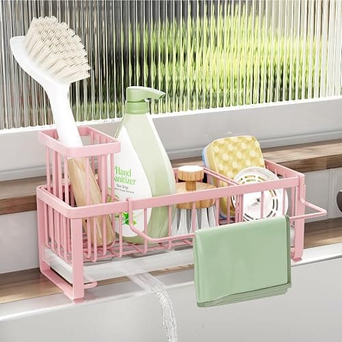 SWTYMIKI Sponge Holder for Kitchen Sink - Sink Caddy with Brush Holder Self-draining Sponge Caddy Organizer with Divider Stainless Steel Kitchen Accessories Storage for Countertop, Pink - Image 1