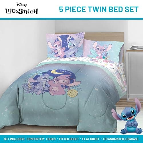 Jay Franco Disney Lilo and Stitch Twin Size Comforter Set - 5 Piece Floral Bedding Includes Sheet Set & Pillow Covers Features Angel - Super Soft Purple & Teal Stars Kids Bedding thumbnail 4