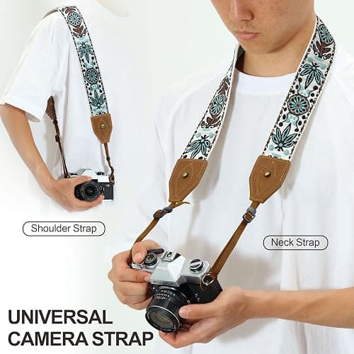 Padwa Lifestyle Camera Strap - 2" Wide Classic Vintage Crazy Horse Arts Cowhide Head Cotton Embroidered Universal Neck Shoulder & Crossbody Camera Straps for Photographers Gift and All DSLR Cameras thumbnail 3