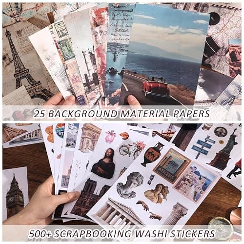 57 Sheets Vintage Travel Scrapbook Sticker Book, 500+ Vintage & Modern Stickers for Scrapbooking, 25 Pcs Ephemera Papers Art Scrapbook Supplies for Adults Teens Women Girls Junk Journal Journaling thumbnail 7