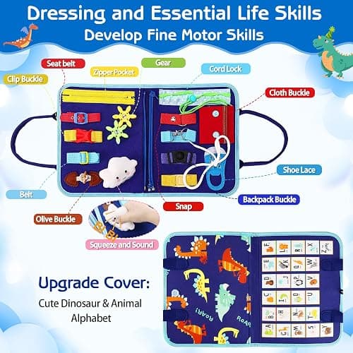 Esjay Toddler Busy Board Montessori Toys for Boys, Sensory Board Educational Activities for Learning Fine Motor Skills, Birthday Gifts for Boys Toddlers, Travel Toys for Airplane Car, Blue Dinosaur thumbnail 3