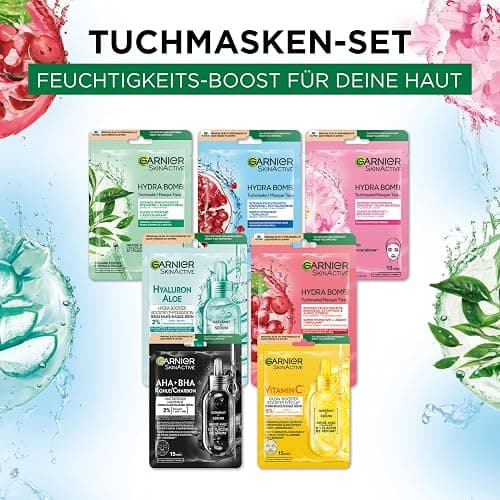 Garnier Tuchmasken Set für jeden Hauttyp, 7 Gesichtsmasken für trockene bis normale Haut, Vegane Formel mit Hyaluronsäure, Hydra Bomb und Nutri Bomb Maskenset, 7 x 28 g thumbnail 5
