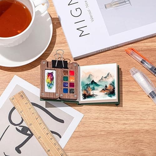 MUZMDNI Mini Watercolor Paint Set Portable, Travel Grid Paint Palette Box with Binder Clips Include Paint, Brush*3 and Picture Album Art Materials Coloring Markers (Brown Wood-S) - Image 1
