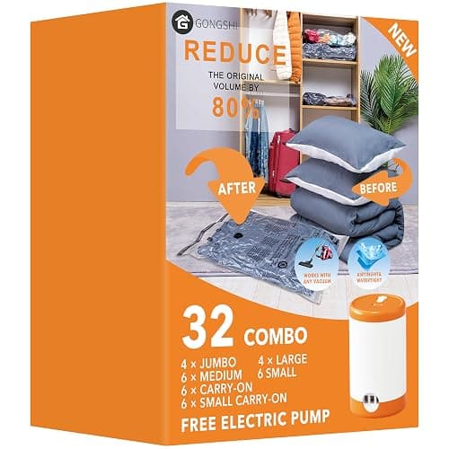 GONGSHI Vacuum Seal Bags for Clothing Travel & Home Storage, Travel Vacuum Bags with Electric Pump,Space Saver for Blankets, Comforters, Pillows, Clothes,32 Combo - Image 1
