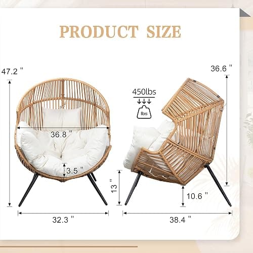 Vongrasig Outdoor Wicker Egg Chair PE Rattan Chair with Cushion, Oversized Patio Lounge Chair for Outdoor, Indoor, Balcony, Backyard, Garden, Beige thumbnail 2