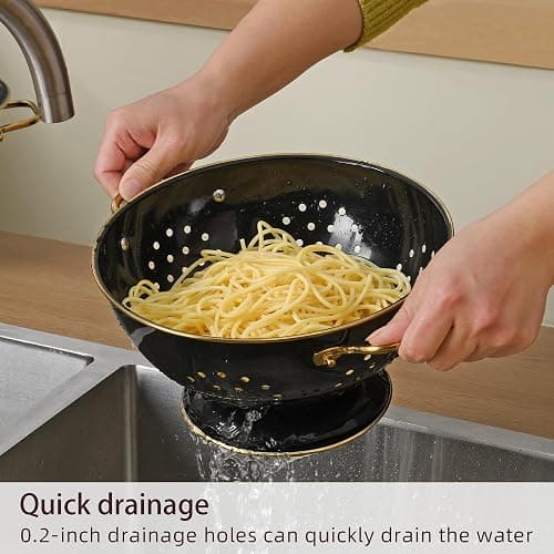 Metal Colander 2 Pack, 3.5 Quart Powder Coated Self-draining Solid Ring Base Metal Large Kitchen Pasta Vegetable Fruit Strainer with Handle (L-BLACK) thumbnail 2