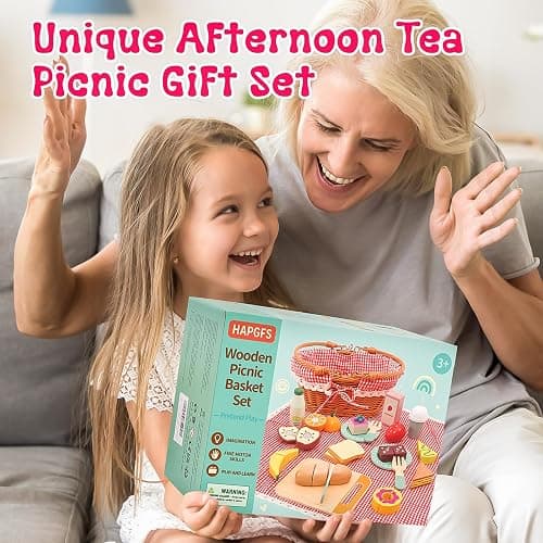 HAPGFS Wooden Picnic Basket Toy Set with Realistic Play Food - Kids Pretend Play Kitchen Accessories for Toddlers 3-8, Wood Play Food for Imaginative Tea Party & Outdoor Fun thumbnail 7