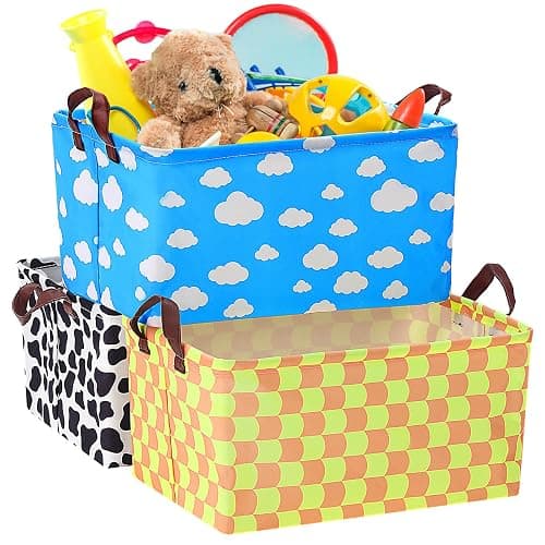 Yoojahow 3 Pack Storage Baskets Waterproof Canvas with Leather Handles Storage Bins Basket Organizer Collapsible for Closet Clothes Room Decor(Black, Yellow, Blue,Cartoon) - Image 1