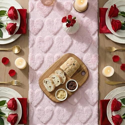 Artoid Mode Pink Soft Plush Faux Fur Jacquard Love Heart Valentine's Table Runner, Kitchen Dining Table Decoration for Home Party Decor 13x72 Inch thumbnail 3