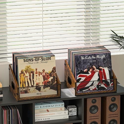 Yuzehuaza Vinyl Record Storage Holder, Trapezoidal LP Vinyl Record Crate with Handle, Wood & Metal Album Storage Desktop Organizer Box for Books Files, Rustic Brown thumbnail 2