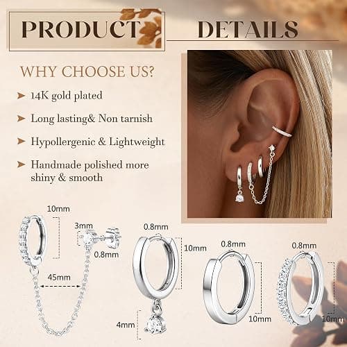 Florideco 4 Pairs Small Hoop Earrings for Women Trendy 14K Gold Plated Chain Drop Earrings Set Hypoallergenic CZ Huggie Hoops Lightweight Cartilage Earring Stacks Women's Jewelry Gifts thumbnail 2